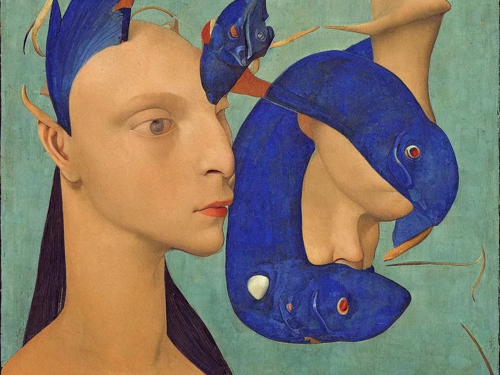 Image similar to portrait of a woman head with close up exotic southern blue devil fish. lapis lazuli, malachite, cinnabar, gold. painting by piero della francesca, balthus, agnes pelton