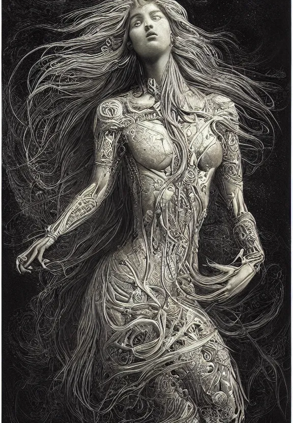 Image similar to full body front view of a beautiful biomechanical moon goddess, flowing hair, intense stare, sweet smile, concept art, intricate detail, volumetric shadows and lighting, psychedelic colors, realistic oil painting by gustave dore,