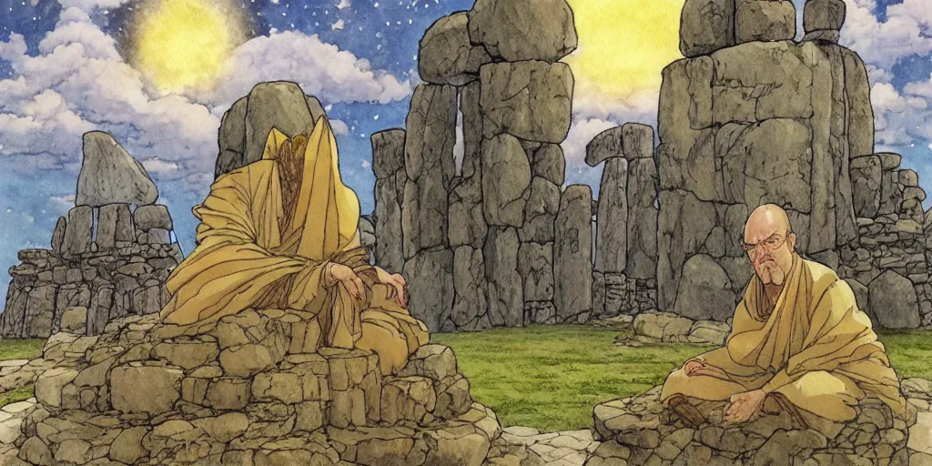 Prompt: a hyperrealist studio ghibli watercolor fantasy concept art of a giant medieval monk in lotus position in stonehenge with a starry sky in the background. a giant gold ufo is floating in the air. by rebecca guay, michael kaluta, charles vess