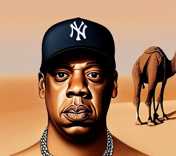 Image similar to portrait of jay - z wearing a yankee baseball hat and a black t - shirt, standing next to a camel, sand desert fantasy, matte painting, highly detailed, art by artgerm, artstation