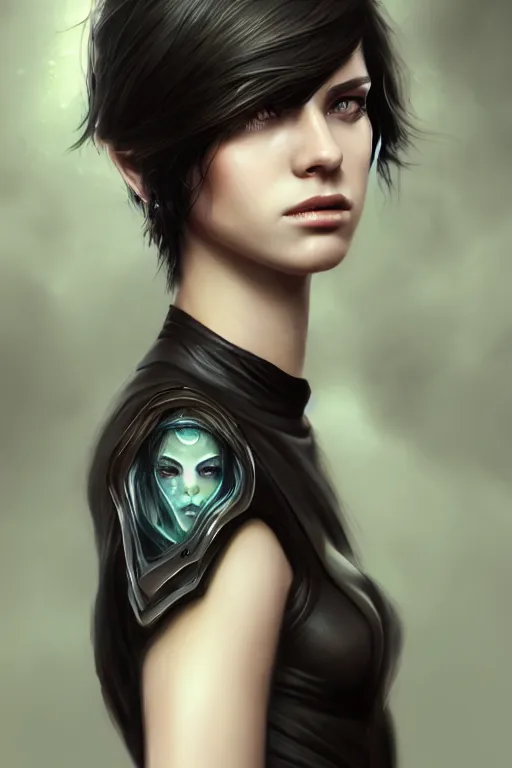 Image similar to ultra realistic style illustration of an androgynous gorgeous fae with shoulder length black hair pale skin and beautiful eyes, headshot, sci - fi, fantasy, intricate, elegant, highly detailed, digital painting, artstation, concept art, smooth, sharp focus, illustration, 8 k frostbite 3 engine, ultra detailed