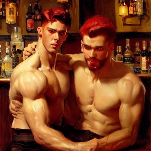 Image similar to attractive muscular male with red hair and muscular attractive male with black hair, drinking their hearts out, in a pub. very defined and highly detailed painting by j. c. leyendecker, gaston bussiere, craig mullins 8 k