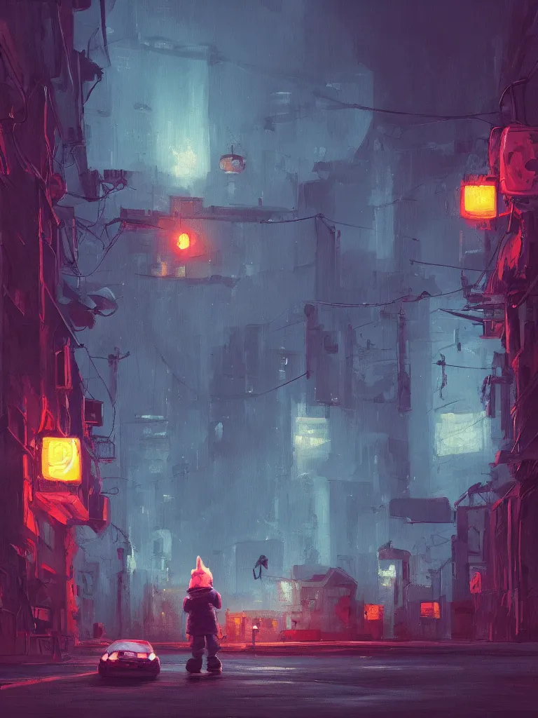 Image similar to a single little boy and a white rabbit in a dark alley city with neonlights by night a painting from stalenhag, 4 k, 8 k, hdr, artstation, concept art