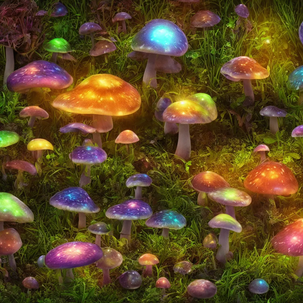 Image similar to macro photo of bioluminous mushrooms growing in a spheroid forest, 3d render, nightlight Study, by Jan Davidsz de Heem and Lisa Frank, Art Nouveau, 8k, extreme detail, sharp focus, cinema 4d render