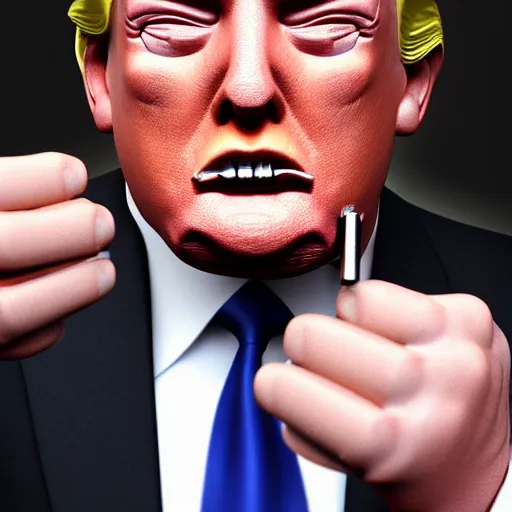 Image similar to a high quality photo of donald trump smoking a cigar, anatomically accurate eyes, 3d scene, render, ultra realistic, artstation, cgsociety