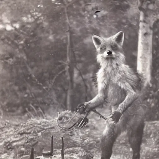 Prompt: anthropomorphic fox man doing fieldwork, 1910s film still