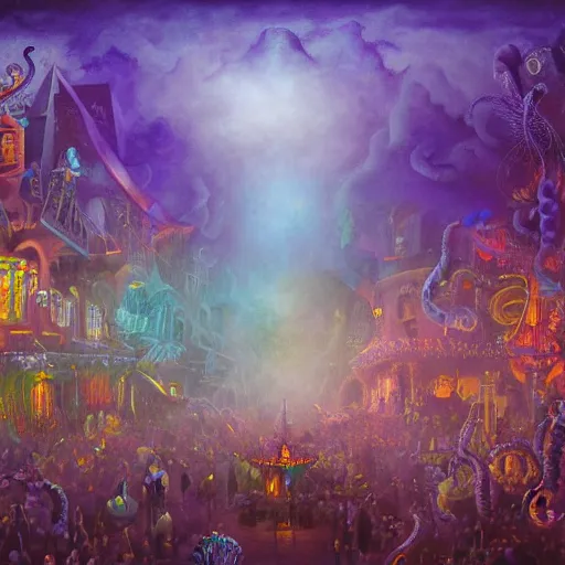 Prompt: ultra realist soft painting render of a curiosities carnival in loveraftian universe, horror, omnious sky, deep fog, tiny lurking tentacles, crowded silhouettes, symmetry accurate features, very intricate details, purple gold cyan color palette, masterpiece award winning,, volumetric light clouds