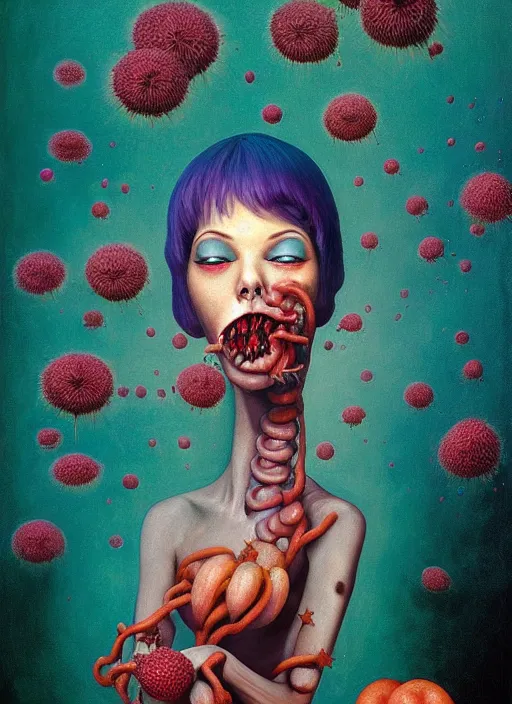 Image similar to hyper detailed Oil painting - Ramona Flowers Eats of the Strangling Fruit and Her gossamer polyp blossoms bring iridescent fungal flowers whose spores black the foolish stars by Jacek Yerka, Mariusz Lewandowski, Abstract brush strokes, Masterpiece, Edward Hopper and James Gilleard, Zdzislaw Beksinski, Mark Ryden, Wolfgang Lettl, hints of Yayoi Kasuma