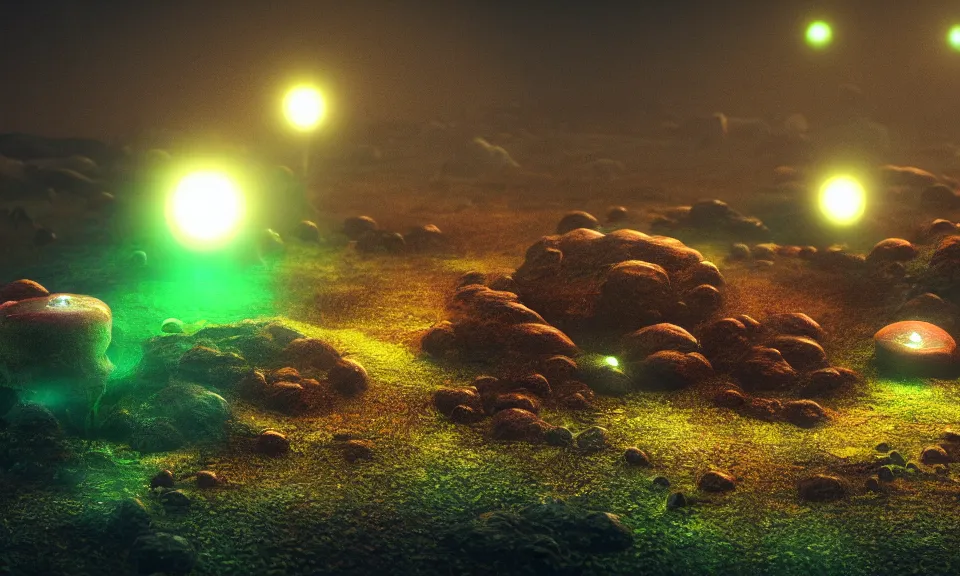 Prompt: bioluminescent mushrooms on an alien landscape with spores of glowing light, atmospheric lighting, octane 3d render, 4k wallpaper