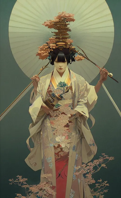 Prompt: personification of japan, highly detailed, digital painting, artstation, concept art, sharp focus, illustration, art by greg rutkowski and alphonse mucha