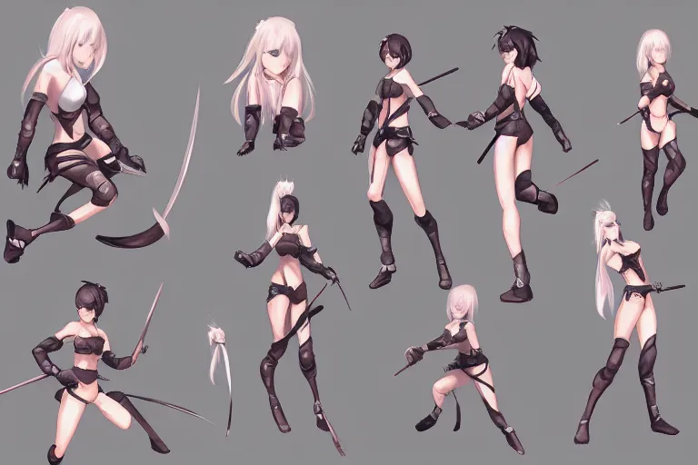 Prompt: character design sheet of a cute ninja girl by sakimichan, krenz cushart, artgerm, wlop, artstation