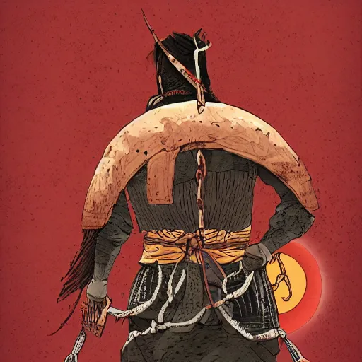 Image similar to a portrait from behind of a samurai man vagabond with a moon behind him, the samurai is wrapped in chains, detailed, illustration, concept art, ink style, sketch