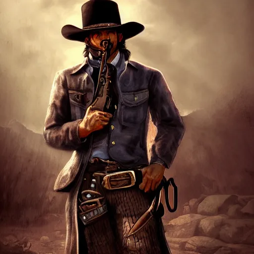 Image similar to a wild west gunslinger, facing demons, by Shaddy Safadi, digital art, dark fantasy, high detail, full HD