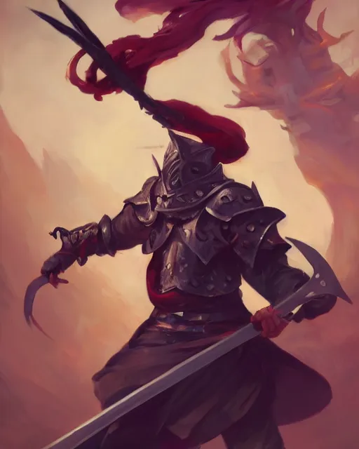 Image similar to action portrait of a magic knight fighting while casting spells with his swords, 4K trending on artstation by peter mohrbacher