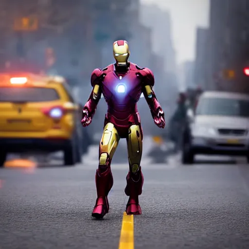 Image similar to iron man killing pedestrians, 4k realistic photo