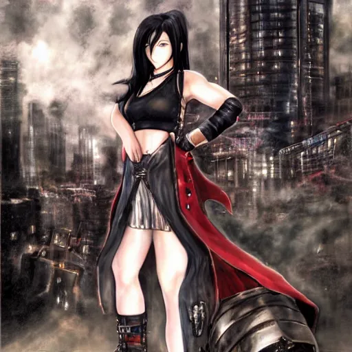 Image similar to painted conceptual art of tifa lockhart from from final fantasy 7 in her signature outfit with the steam punk city midgard as backdrop, by master artist yoshitaka amano