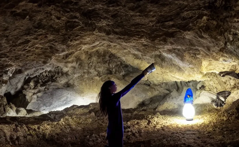 Prompt: girl with a flashlight illuminating a cave with majestic, flying creatures inside