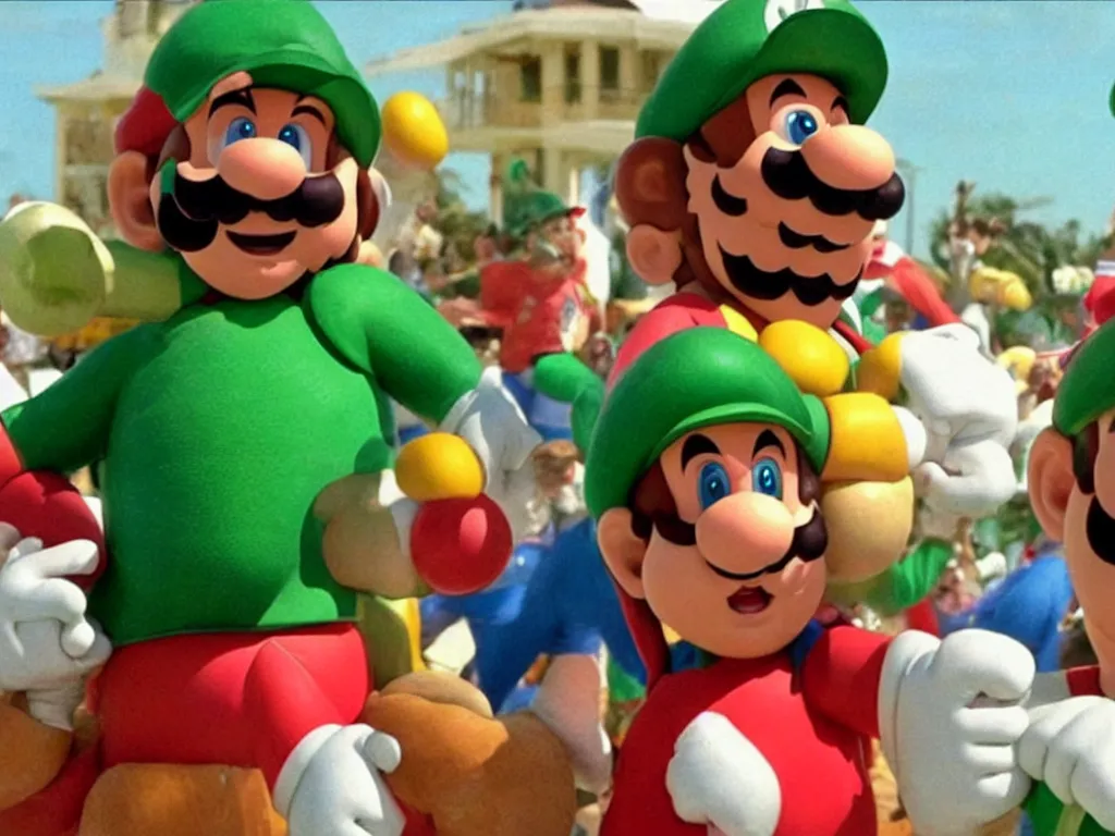 Prompt: Close up of Mario and Luigi in a hat in Harmony Korine Spring Breakers film aesthetic!!!