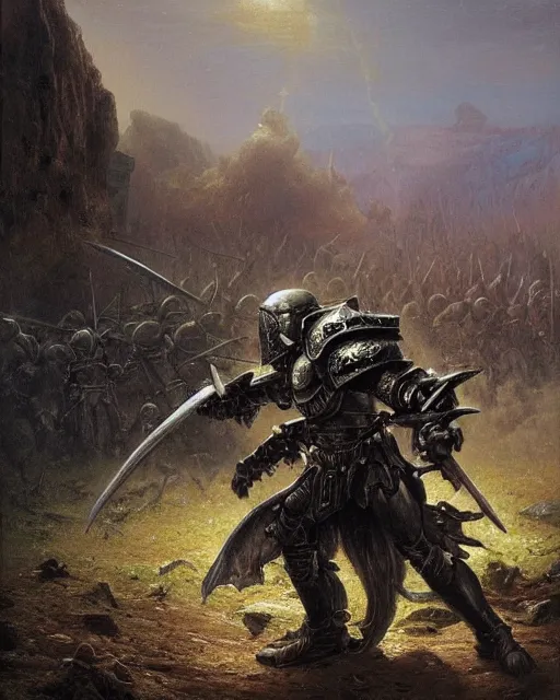 Image similar to a heavily armoured death knight standing in a battlefield of fallen, by thomas cole and wayne barlowe