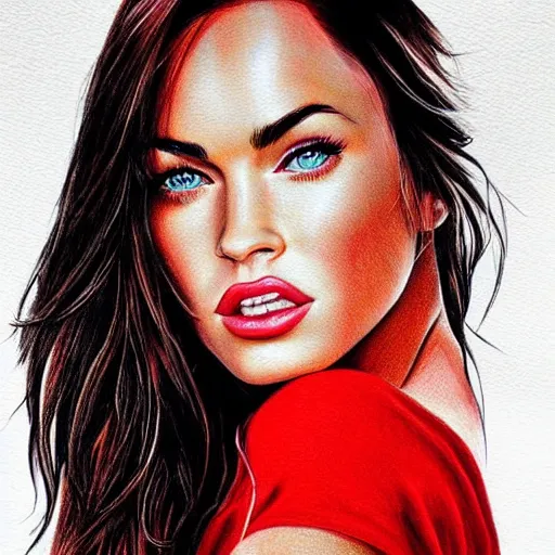 Prompt: “Beautiful Megan Fox Red pencil paintings, ultra detailed portrait, 4k resolution”