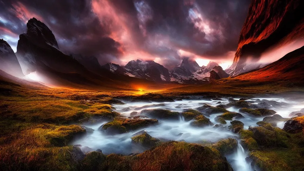 Image similar to amazing landscape photo by marc adamus, beautiful dramatic lighting