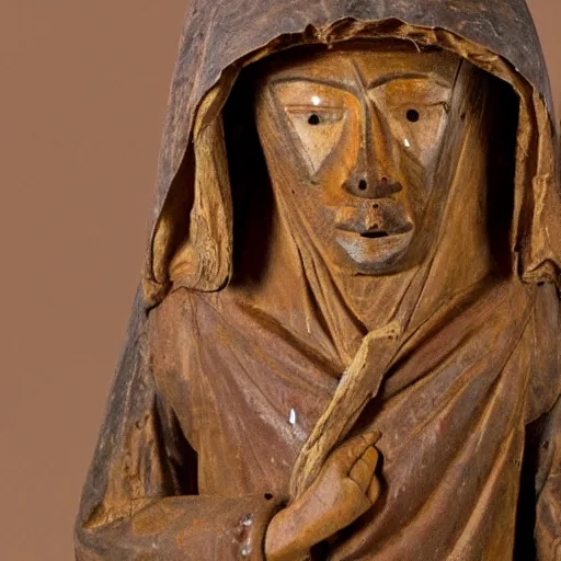 Prompt: a 1 7 th century wood carving of a hooded figure with a large sack hung over his back