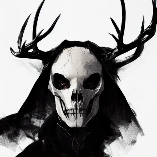 Image similar to portrait of a character wearing a black cloak, with a white mask in the shape of a deer skull, no antlers, dramatic lighting, illustration by Greg rutkowski, yoji shinkawa, 4k, digital art, concept art, trending on artstation