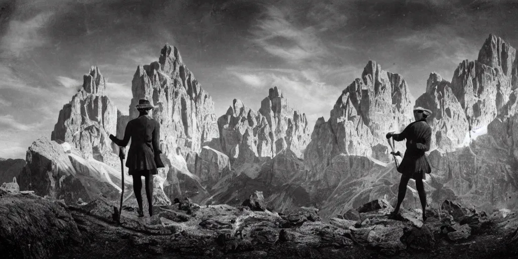 Image similar to 1920s photography Tschäggättä dancing, dolomites in the background, occult signs, witch burning, pyre, solstice fire, alp, dolomites, alpine, detailed intricate insanely detailed octane render, 8k artistic 1920s photography, photorealistic, black and white, chiaroscuro, hd, by David Cronenberg, Raphael, Caravaggio