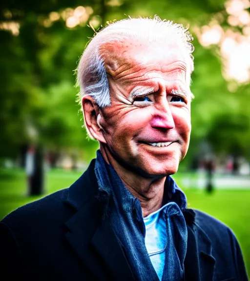 Image similar to award winning 5 5 mm close up portrait color photo of super saiyan biden, in a park by luis royo. soft light. sony a 7 r iv