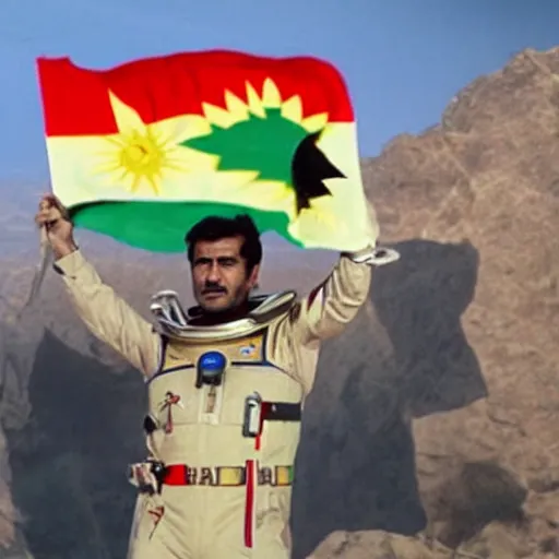 Image similar to kurdish astronaut holding a kurdistan flag in a movie directed by christopher nolan, movie still frame, promotional image, imax 7 0 mm footage