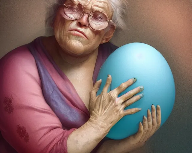 Image similar to of a very beautiful scene. ambient occlusion render. a sweet fat old woman is nursing a beautiful colorful huge egg. hyper realistic. 4 k. wide angle. baroque style. wild. symmetrical face, red mouth, blue eyes. deep focus, lovely scene. ambient occlusion render. concept art. unreal engine.