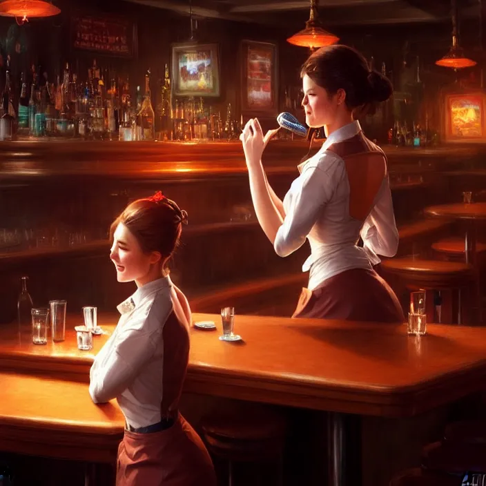 Image similar to a waitress singing on a table in a bar, elegant, real life skin, intricate artwork, high detailed, artstation, concept art, smooth, sharp focus, art by artgerm and greg rutkowski