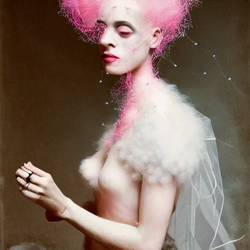Prompt: portrait of an excitied bride of frankenstein with soft pink and white cotton fluffy balls floating in image, fashion photography, highly detailed, digital photography by jheronimus bosch and james jean and james rutkowski, fashion photography, stitches going around her neck, arcing electricity