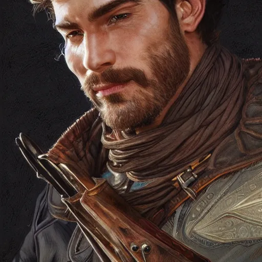 Image similar to portrait of a young, ruggedly handsome ranger, muscular, half body, leather, smirk, fantasy, intricate, elegant, highly detailed, digital painting, artstation, concept art, smooth, sharp focus, illustration, art by artgerm and greg rutkowski and alphonse mucha