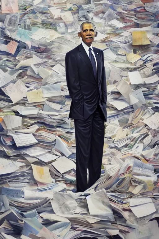 Image similar to obama standing next to a mountain of papers, oil on canvas, intricate, portrait, 8 k highly professionally detailed, hdr, cgsociety