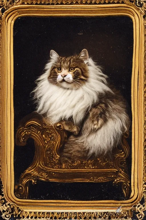 Prompt: a ambrotype portrait of a royal cat, outrageously fluffy, on an embroidered velvet cushion on a neo - rococo gilded little bed, photorealistic, photography, wide shot