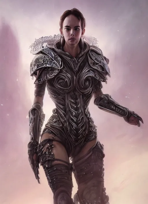 Image similar to a professional portrait of a beautiful young female, clothed in ethereal battle armor, olive skin, long dark hair, beautiful bone structure, symmetrical facial features, intricate, elegant, digital painting, concept art, smooth, sharp focus, finely detailed, illustration, from Valerian and the City of a Thousand Planets, in the style of Ruan Jia and Mandy Jurgens and Artgerm and Greg Rutkowski and William-Adolphe Bouguerea