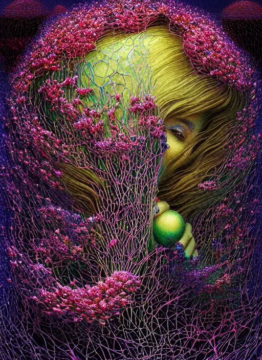 Image similar to hyper detailed 3d render like a Oil painting - Aurora (Singer) Eats of the Strangling network of lomochrome Fruit and Her delicate Hands hold of gossamer polyp blossoms bring iridescent fungal flowers whose spores black the foolish stars by Jacek Yerka, Mariusz Lewandowski, Houdini algorithmic generative render, Abstract brush strokes, Masterpiece, Edward Hopper and James Gilleard, Zdzislaw Beksinski, Mark Ryden, Wolfgang Lettl, hints of Yayoi Kasuma, octane render, 8k