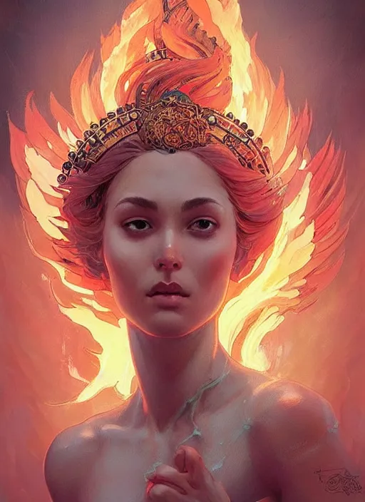 Image similar to “ goddess of fire, highly detailed, digital painting, flames, artstation, concept art, smooth, sharp focus, illustration, art by artgerm and greg rutkowski and alphonse mucha ”