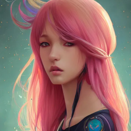 Image similar to portrait of beautiful symmetrical anime girl, rainbow hair, attractive, casual, modern, victoria's secret, highly detailed, digital painting, artstation, concept art, smooth, sharp focus, illustration, art by artgerm, greg rutkowski and alphonse mucha, 8 k,