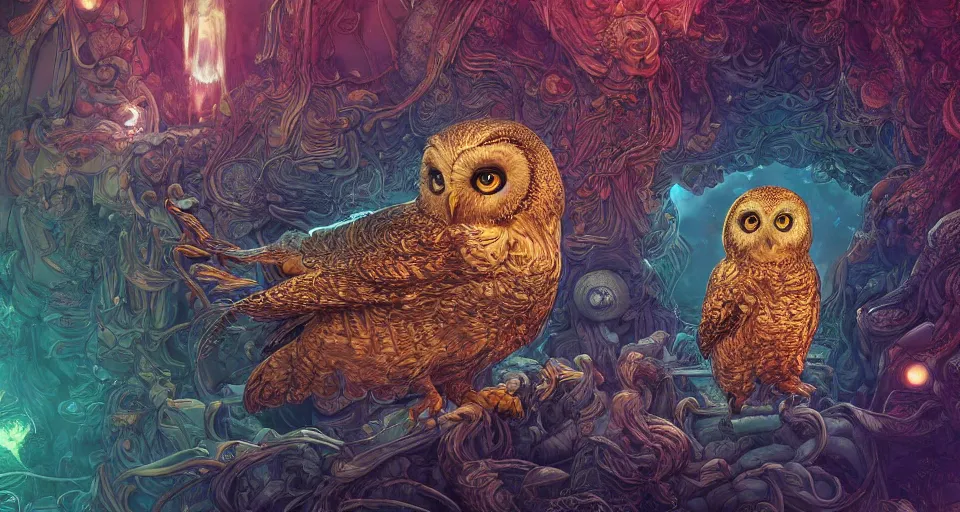 Image similar to the portrait of a smiling golden owl in the depths of the universe, an ultrafine hyperdetailed illustration by kim jung gi, irakli nadar, intricate linework, bright colors, octopath traveler, final fantasy, unreal engine 5 highly rendered, global illumination, radiant light, detailed and intricate environment, - h 1 0 2 4