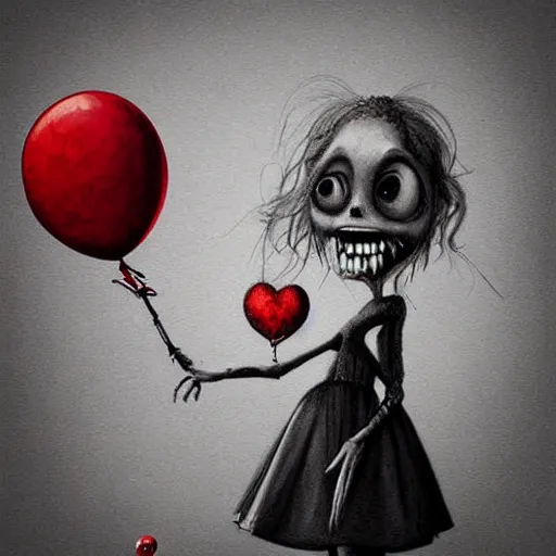 Prompt: surrealism grunge cartoon sketch of a cute little zombi girl with a wide smile and a red balloon by - michael karcz, loony toons style, horror theme, detailed, elegant, intricate