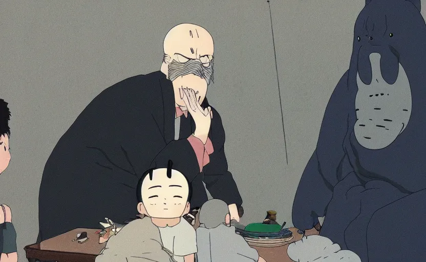 Image similar to a still of david lynch in spirited away, anime style, studio ghibli,