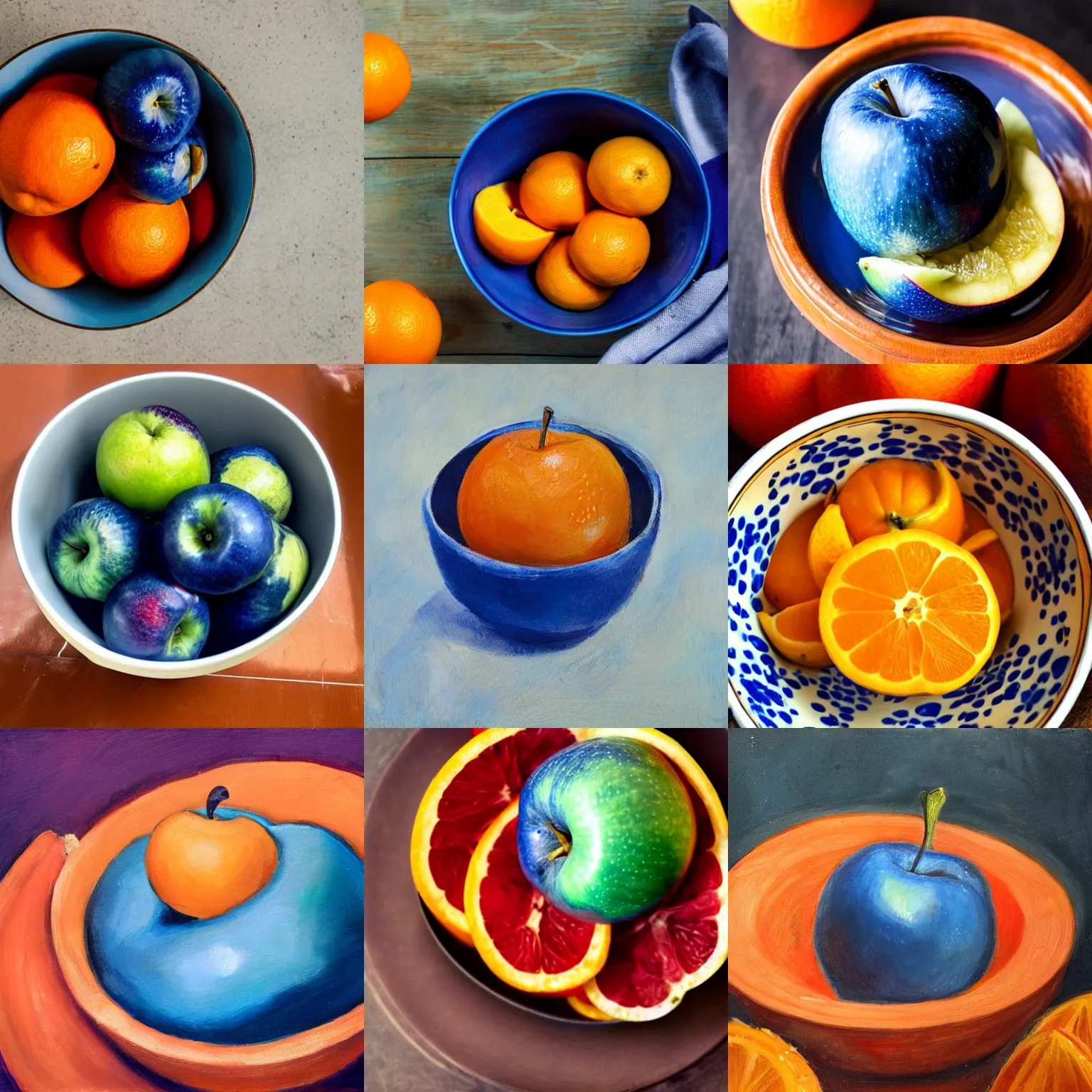 Image similar to a blue apple in a bowl of oranges