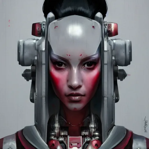 Image similar to portrait of a geisha robot by greg rutkowski and ruan jia, mecha, washed colors, dark, gloomy, matte painting, unreal engine 5