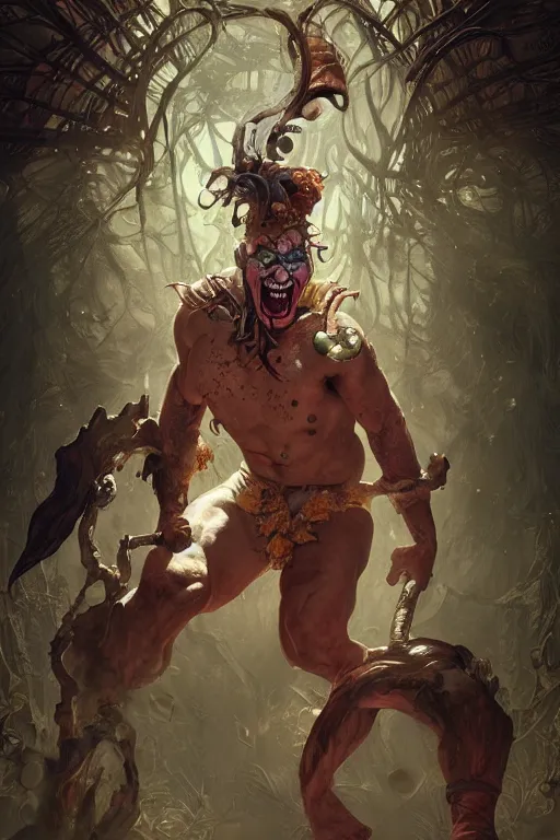 Image similar to portrait of a clown as a hulking herculean demon, forest, godlike, full body, fantasy, intricate, elegant, highly detailed, digital painting, artstation, concept art, sharp focus, illustration, art by artgerm and greg rutkowski and alphonse mucha