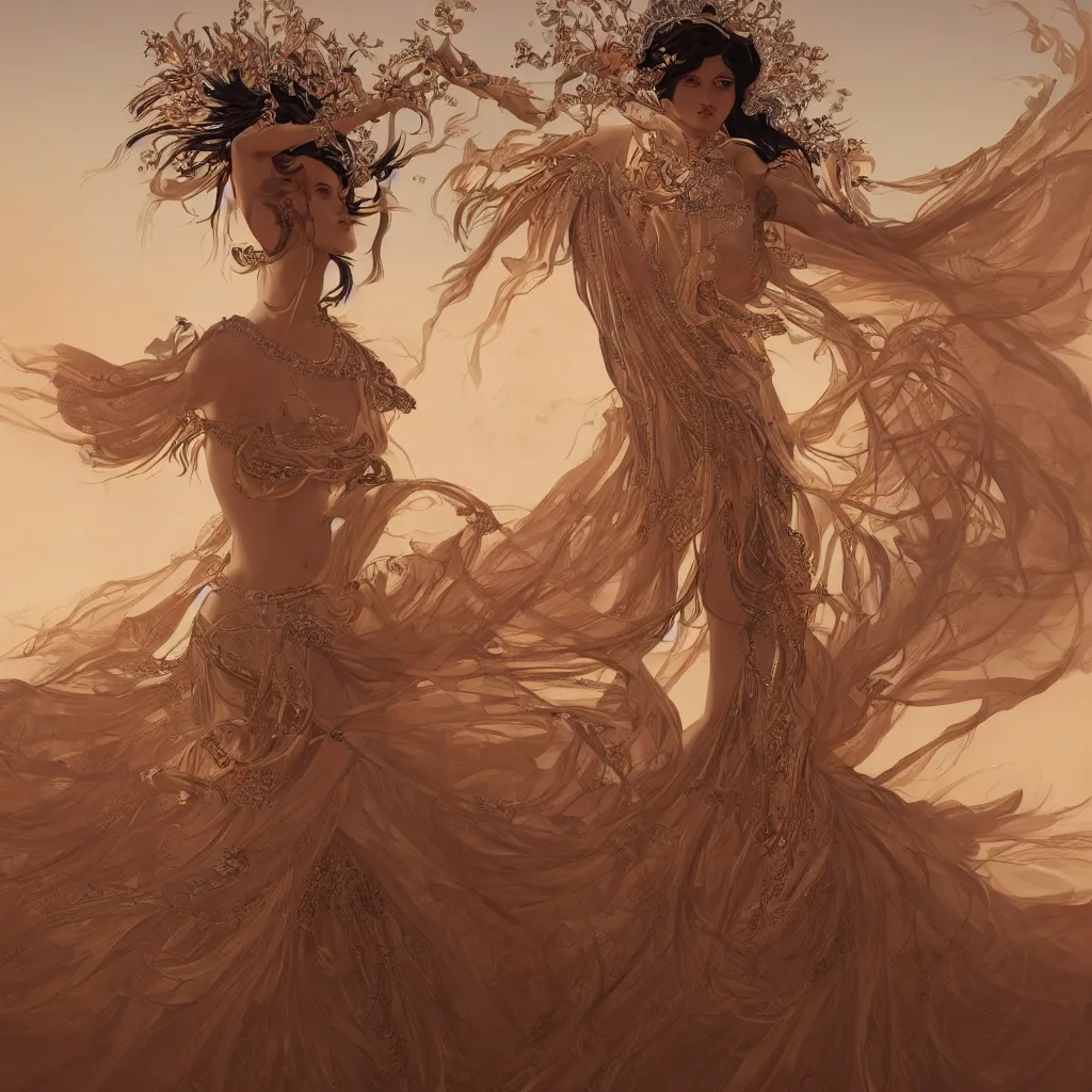 Image similar to goddess dancing in the desert, unreal engine, professional models, symmetrical face, fantasy, surreal, intricate, sharp focus, beautiful, elegant, highly detailed, digital painting, trending on artstation, concept art, smooth and sharp focus, illustration, art by tan zi and ayanamikodon and alphonse mucha and wlop