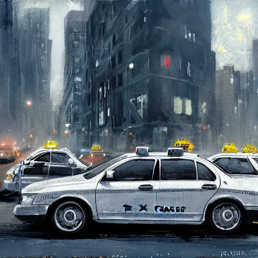 Image similar to a couple of taxis waiting for gas by greg rutkowski