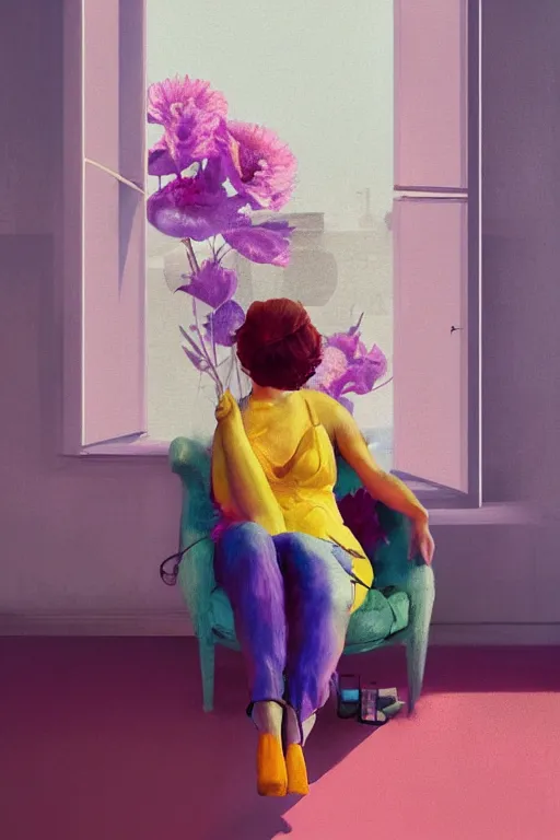 Prompt: closeup, huge flower as a head, woman sitting on lounge chair by a tall window, surreal photography, studio light, impressionist painting, digital painting, artstation, simon stalenhag