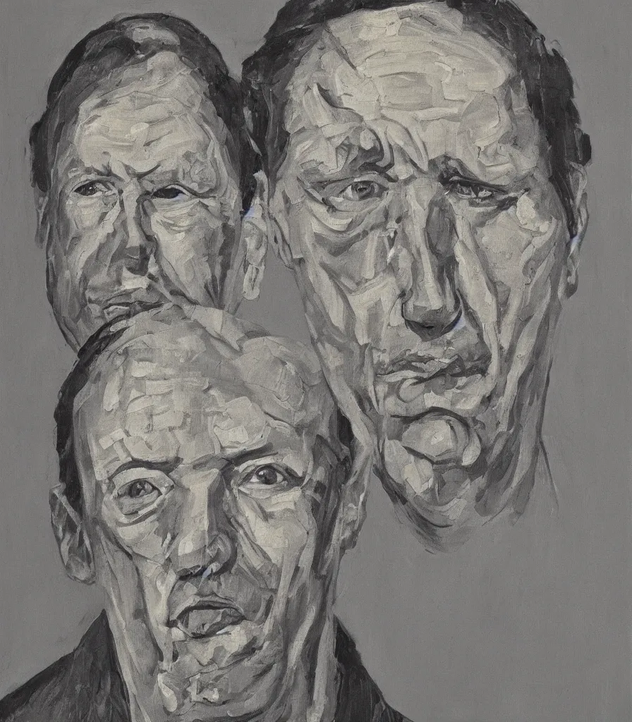 Prompt: close head shot of a vladimir wihtout shirt in the style of lucian freud self portrait. oil painting, thick brush strokes. gray background. hard light from top. perspective from below. 5 0 mm